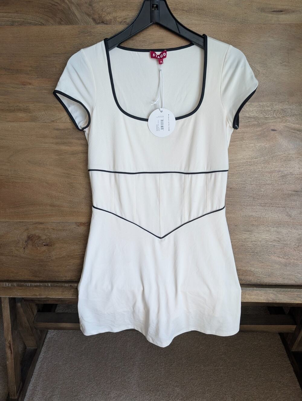 STAUD Backspin Dress Womens Medium Ivory Black Contrast Trim Mini NWT